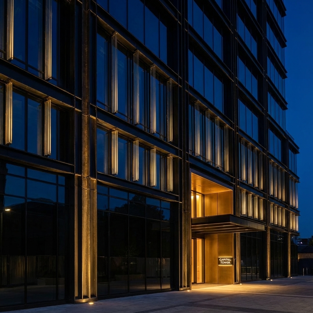 Façade de bâtiment sécurisé la nuit par Lumelys Protect